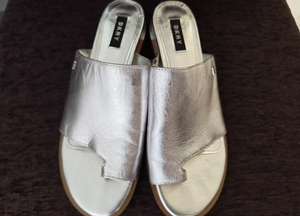 Dkny Metallic Silver Open-Toe Slide Mules